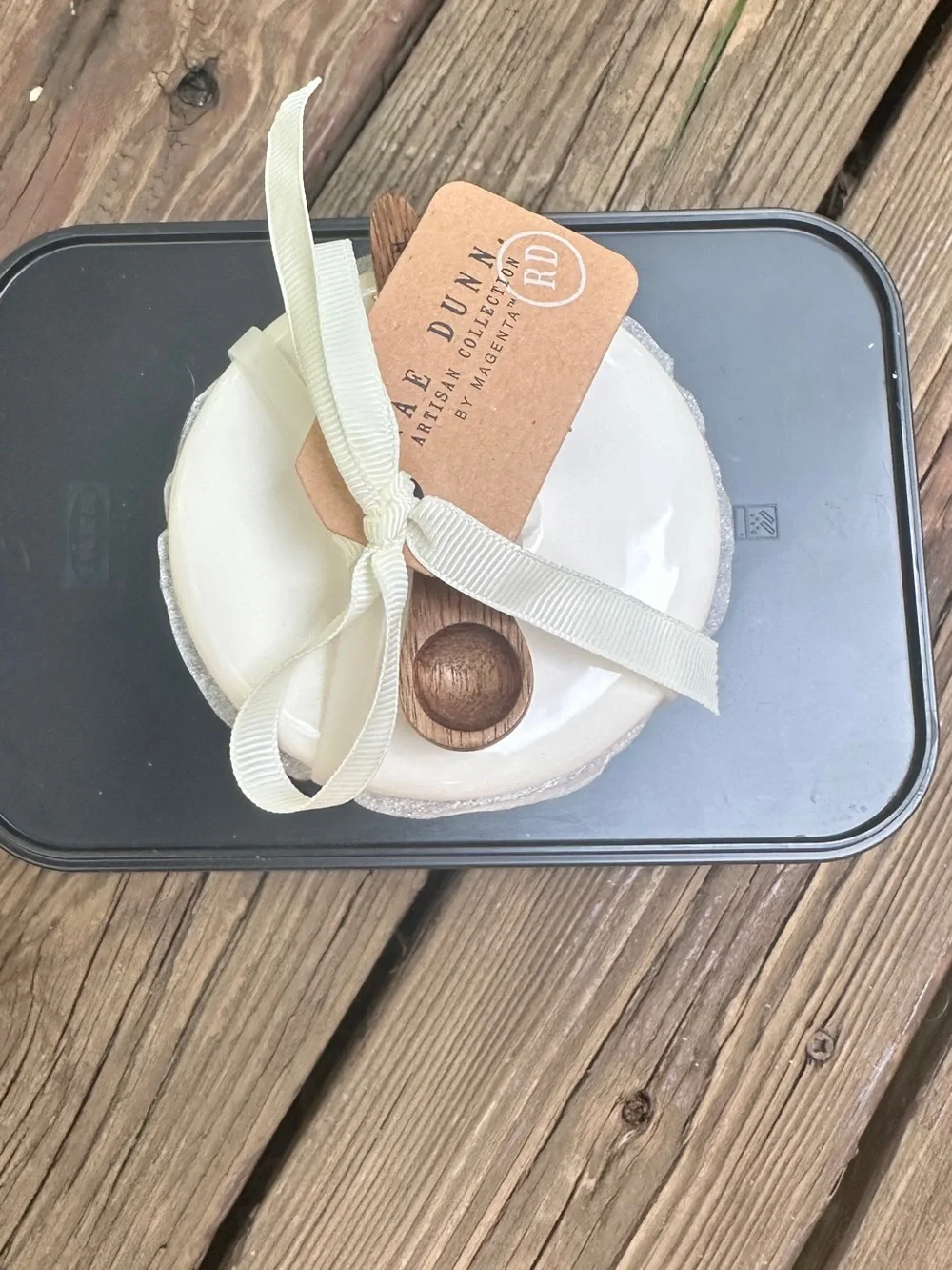 NWT Rae Dunn White Ceramic Salt Jar Canister with Lid & Mini Wooden Spoon